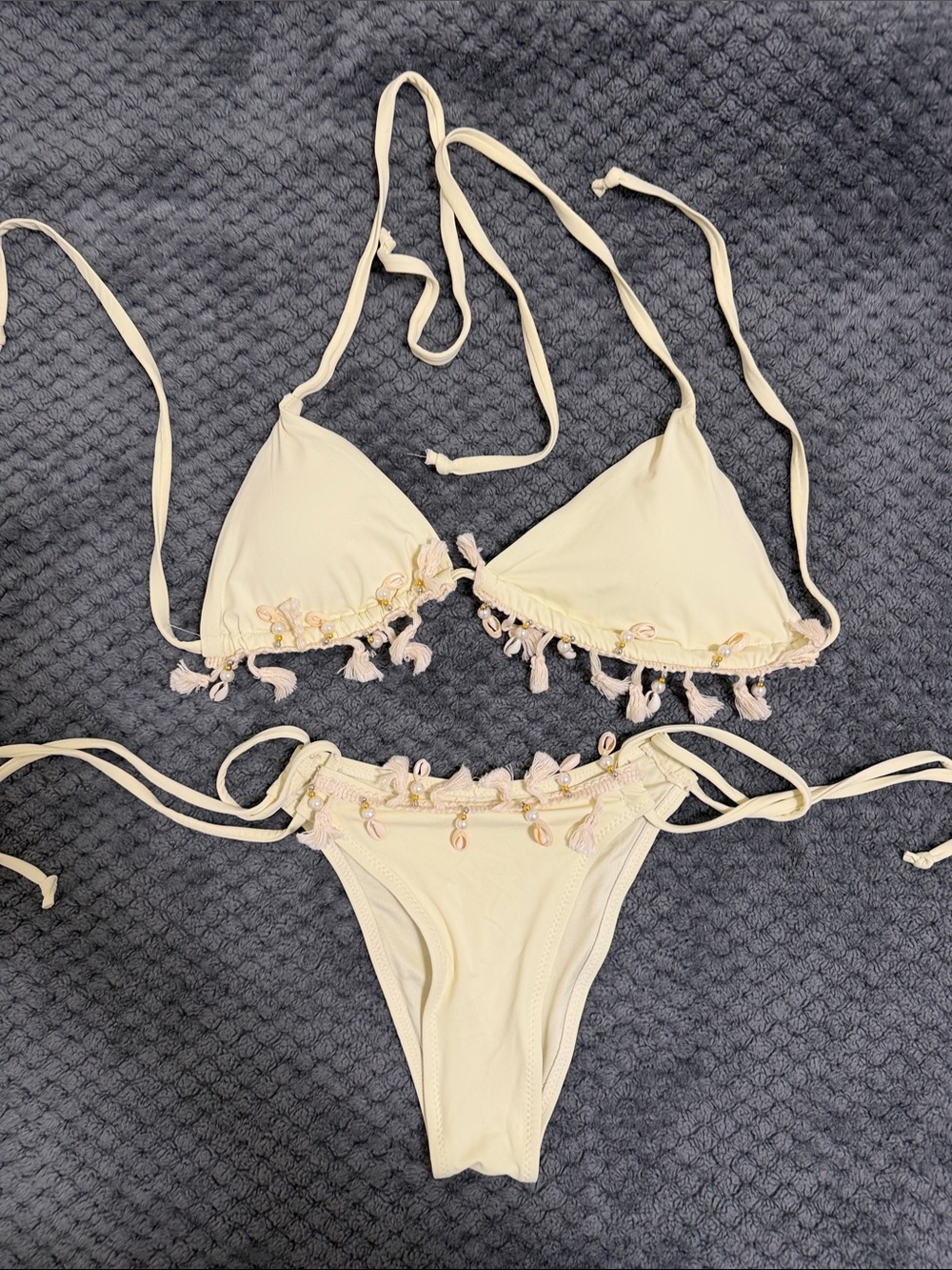 Fashion Nova Cream Tassel Bikini Set with Bead Trim